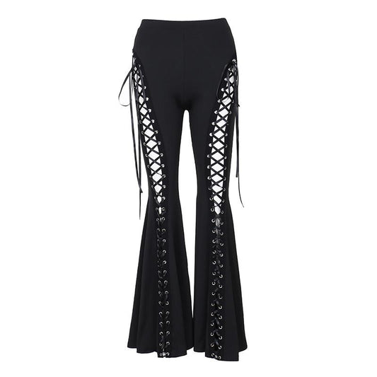 acelimosf™-Lace up hollow out ribbon high rise pant