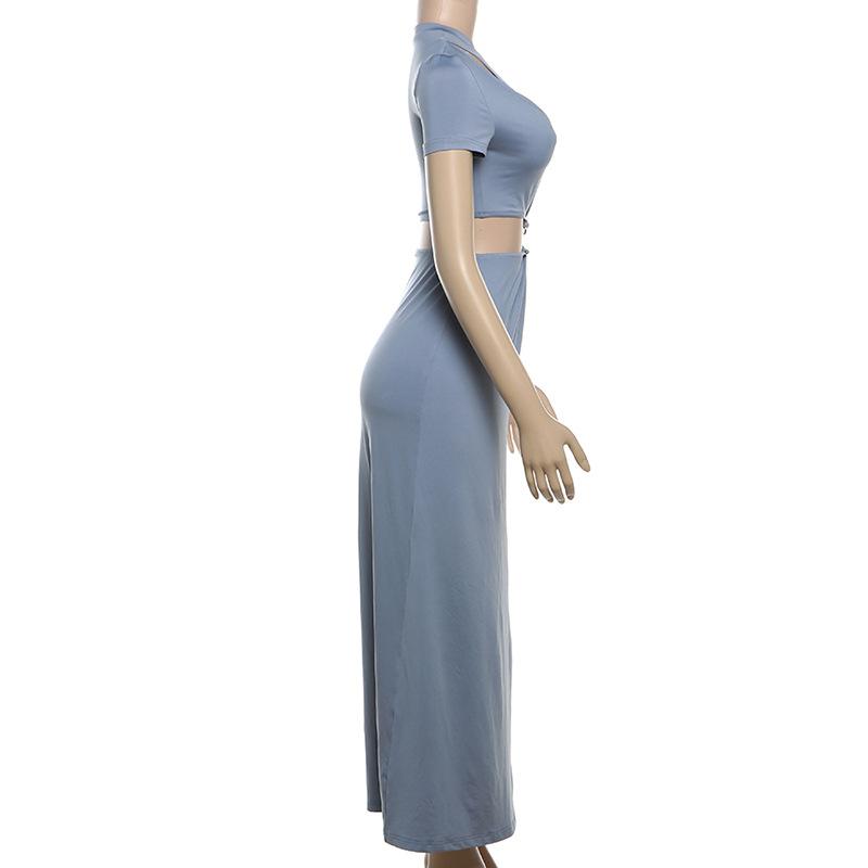 acelimosf™-Crewneck short sleeve hollow out ruched maxi skirt set