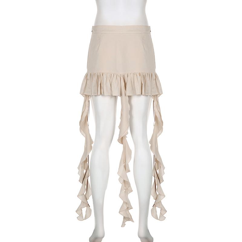 acelimosf™-Ruffle ribbon zip-up bowknot button pocket mini skirt