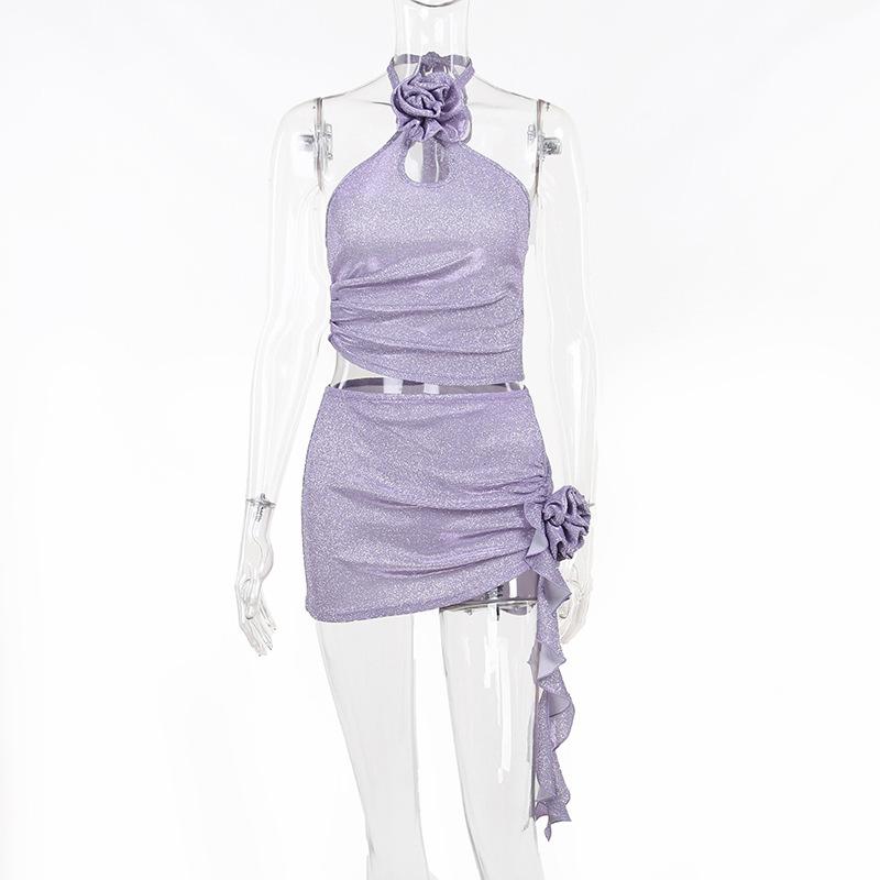 acelimosf™-Solid halter flower applique hollow out textured mini skirt set fairycore Ethereal Fashion