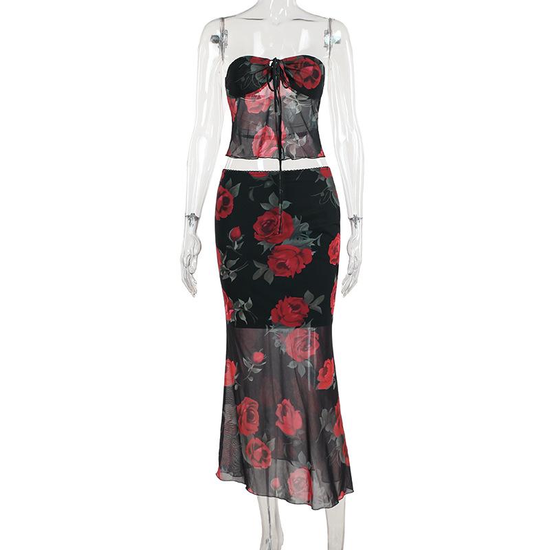 acelimosf™-Sweetheart neck rose print mesh ruffle midi skirt set