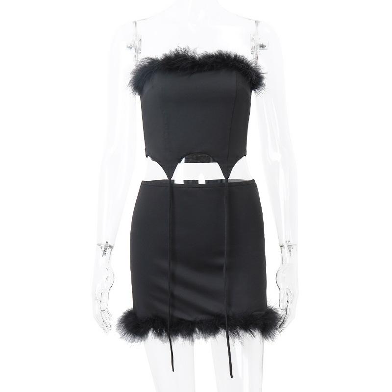 acelimosf™-Feather solid backless tube mini skirt set