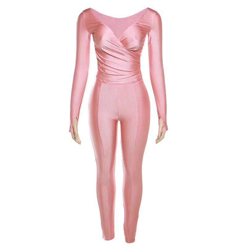 acelimosf™-Gloves solid v neck long sleeve ruched pant set