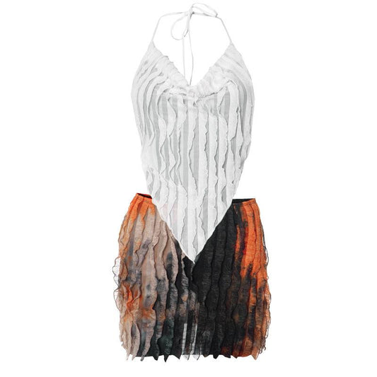 acelimosf™-Halter cowl neck ruffle tie dye backless mini skirt set