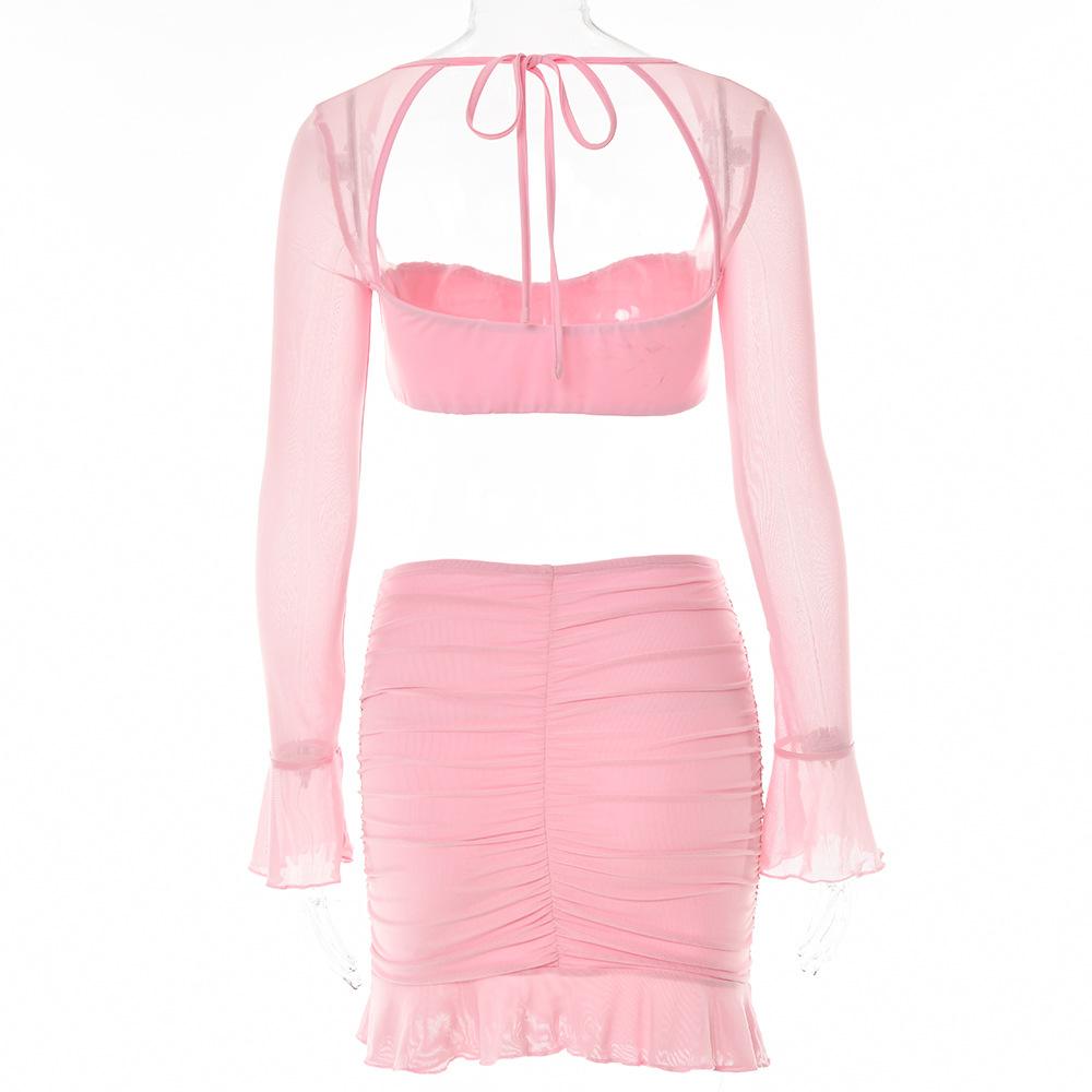 acelimosf™-Mesh hollow out solid ruffle long sleeve ruched mini skirt set