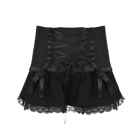 acelimosf™-Lace up ruched lace hem solid bowknot low rise mini skirt