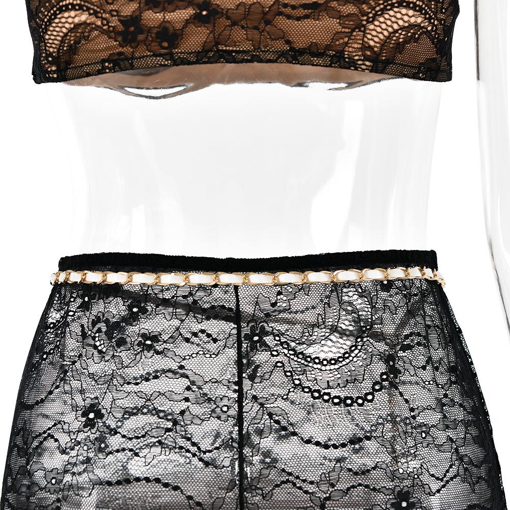 acelimosf™-Lace see through v neck contrast cami maxi skirt set