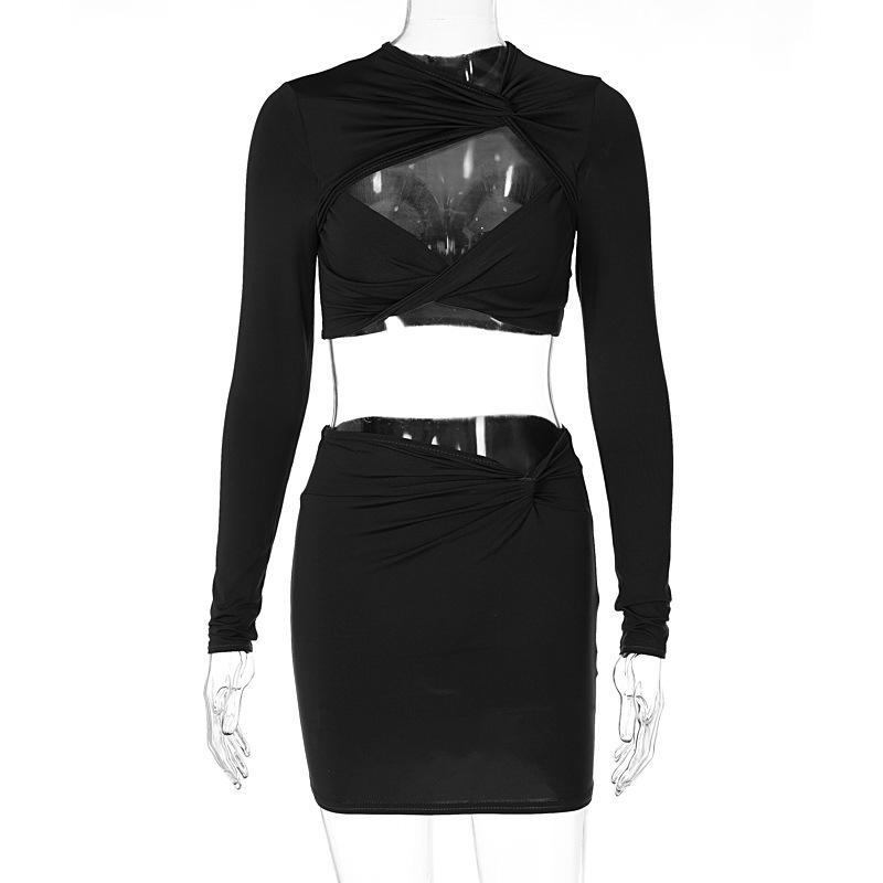 acelimosf™-Knotted hollow out solid ruched long sleeve mini skirt set