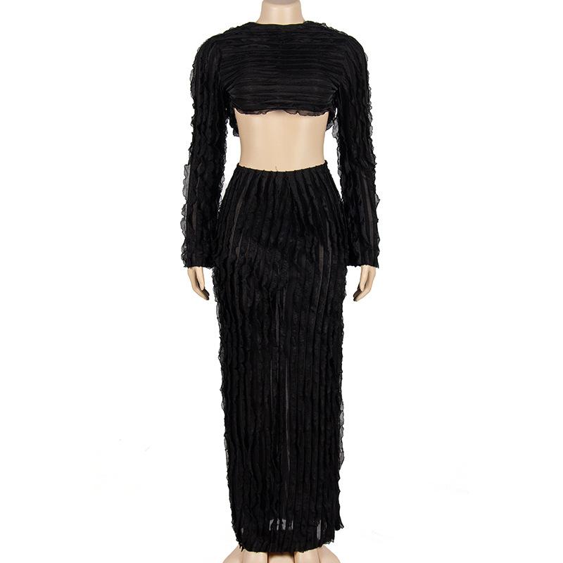 acelimosf™-Textured self tie solid backless ruffle maxi skirt set