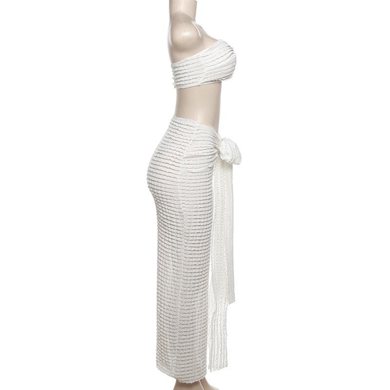 acelimosf™-Textured solid ruffle self tie knotted tube maxi skirt set