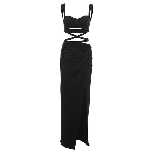 acelimosf™-Sweetheart neck cross front ruched high slit cami maxi skirt set