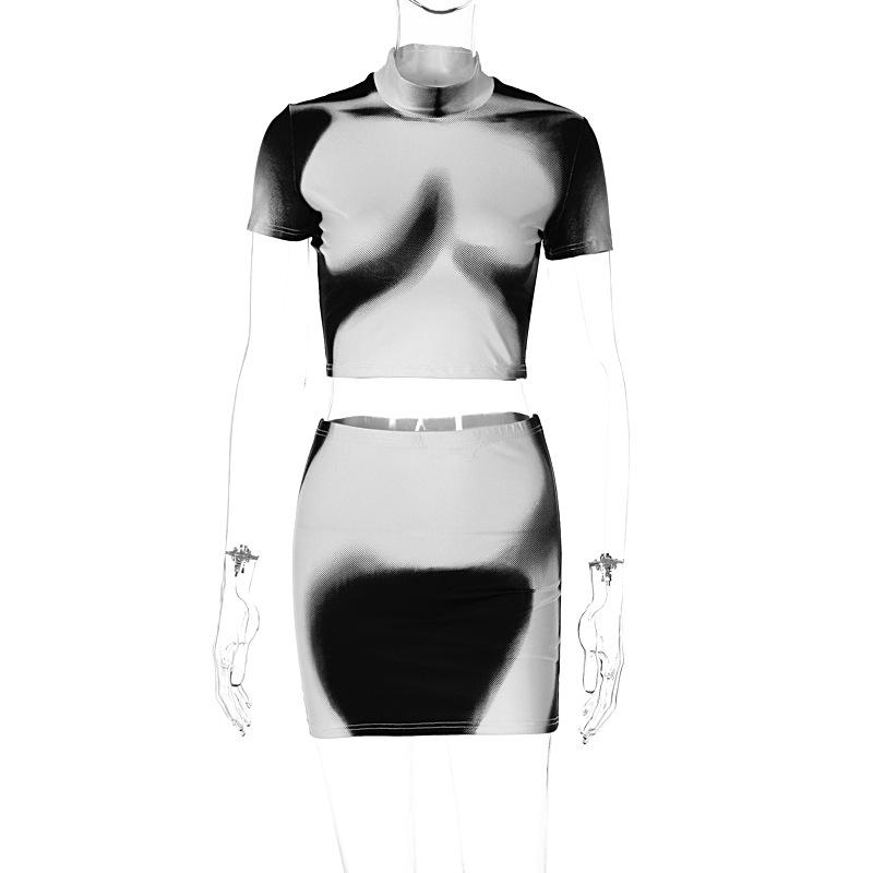 acelimosf™-Short sleeve high neck contrast body print mini skirt set y2k 90s Revival Techno Fashion