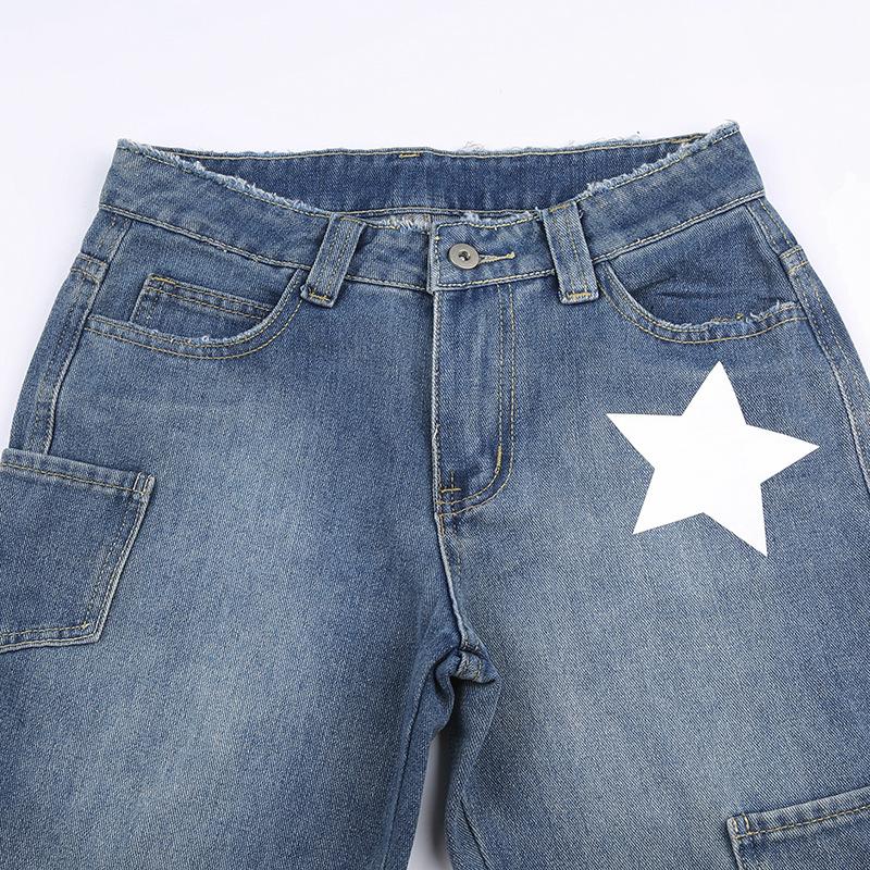 acelimosf™-Contrast star pattern raw hem pocket straight leg jeans grunge 90s Streetwear Disheveled Chic Fashion grunge 90s Streetwear Distressed Fashion