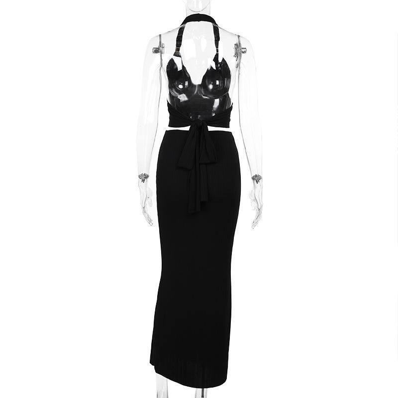 acelimosf™-Halter v neck knotted backless maxi skirt set