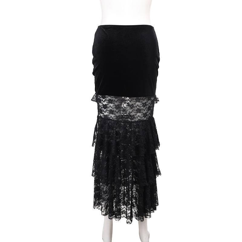 acelimosf™-Velvet lace ruched slit midi skirt