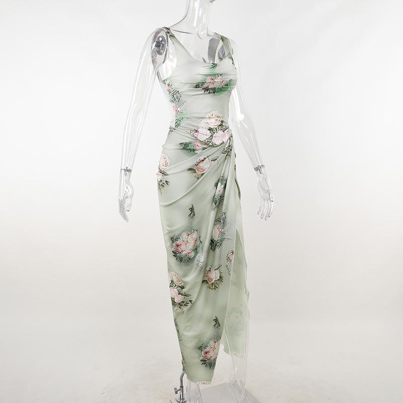 acelimosf™-Flower print cowl neck contrast slit ruched sleeveless maxi skirt set