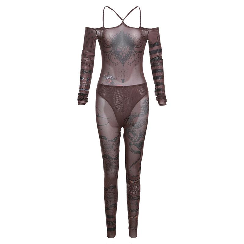 acelimosf™-Abstract contrast sheer mesh see through off shoulder bodysuit pant set