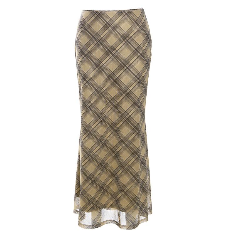 acelimosf™-Plaid contrast chiffon low rise maxi skirt