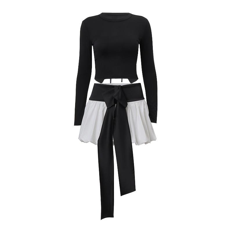 acelimosf™-Long sleeve crewneck bowknot lace up ribbon ruched mini skirt set