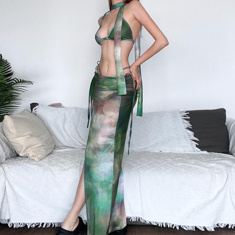 acelimosf™-Mesh tie dye halter self tie backless ruched slit maxi skirt set