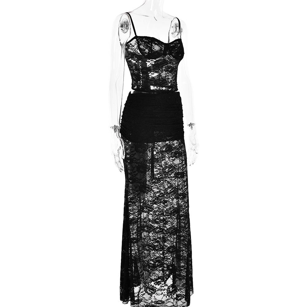 acelimosf™-Sweetheart neck ruffle lace see through cami maxi skirt set