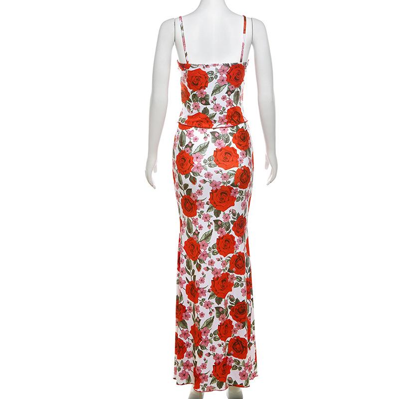 acelimosf™-V neck flower print cami maxi skirt set