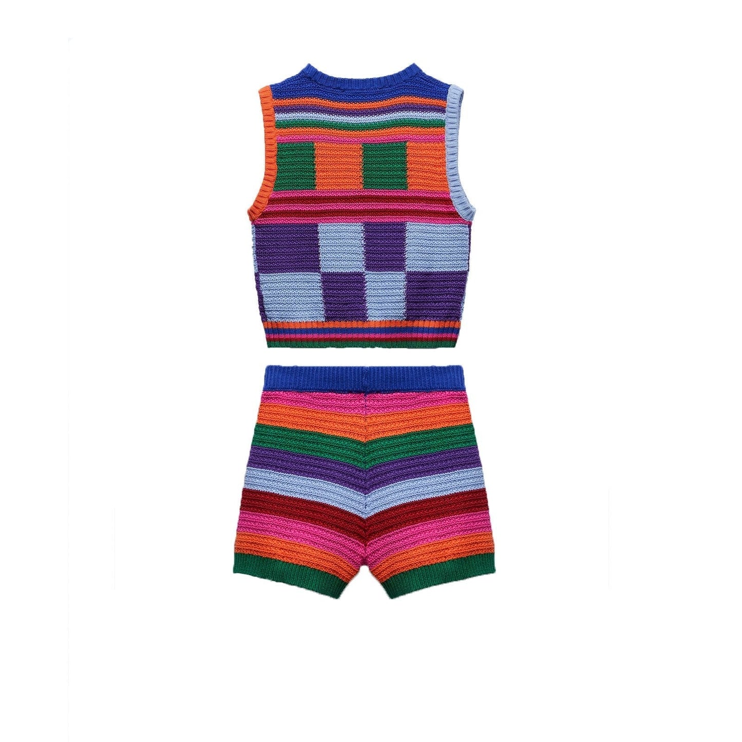 acelimosf™-Plaid contrast striped sleeveless knitted short pant set y2k 90s Revival Techno Fashion