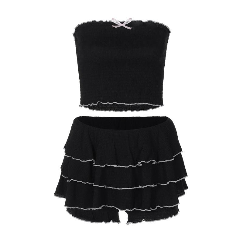 acelimosf™-Bowknot ruched ruffle tube mini skirt set