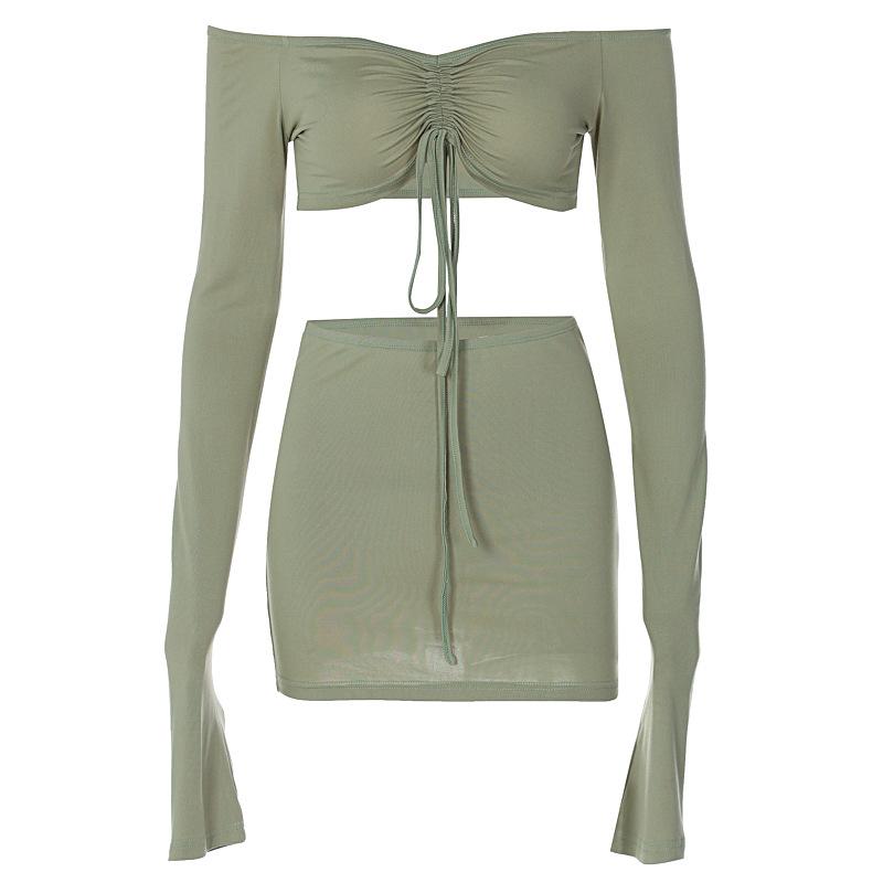 acelimosf™-Drawstring off shoulder long sleeve solid mini skirt set