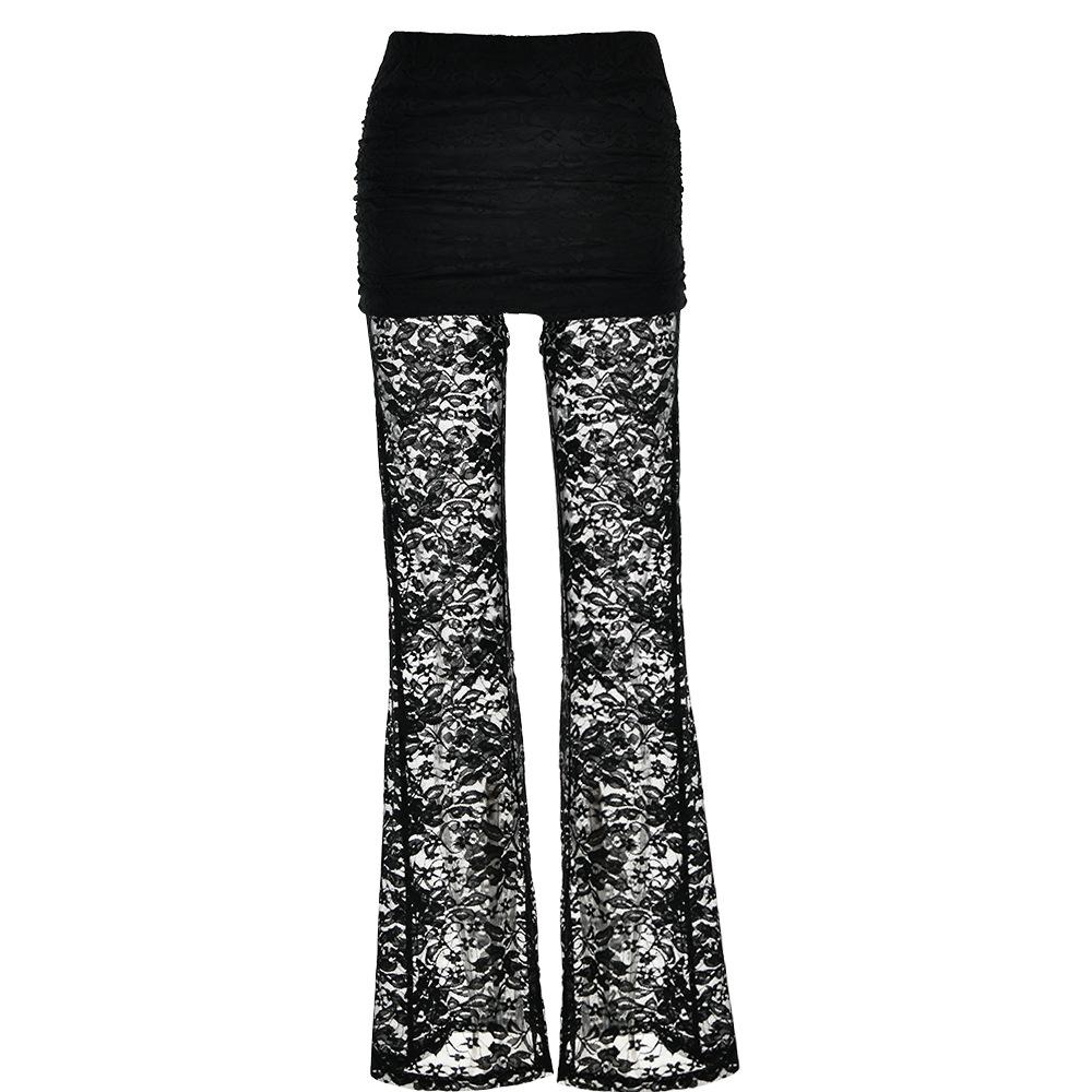 acelimosf™-Lace patchwork ruched solid flared pant