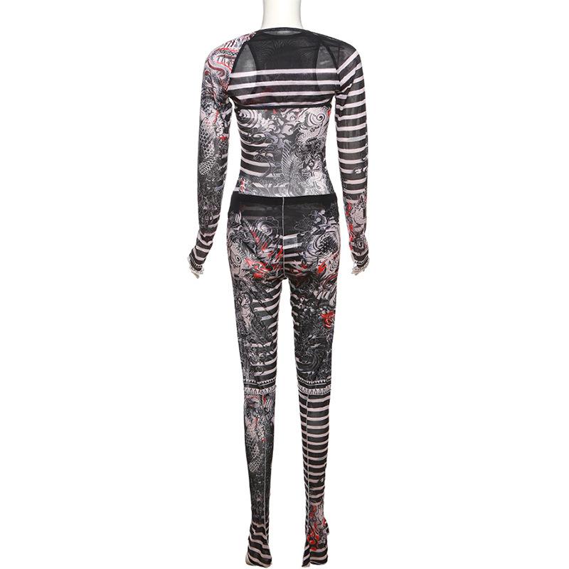 acelimosf™-Striped long sleeve gloves contrast sheer mesh see through shrug bodysuit pant set