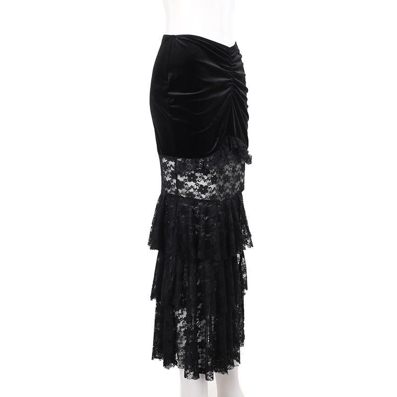 acelimosf™-Velvet lace ruched slit midi skirt