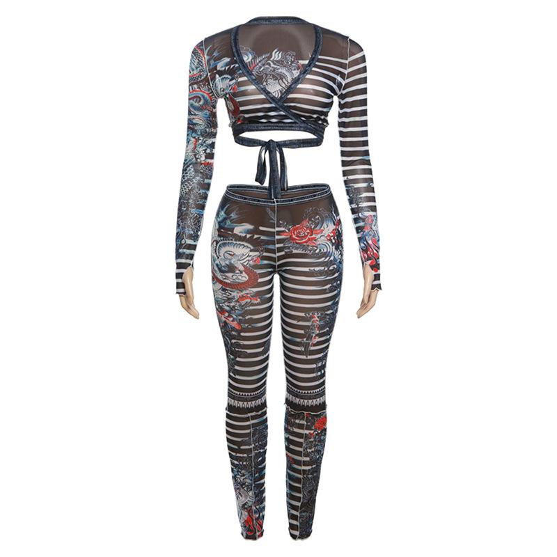 acelimosf™-Long sleeve striped dragon print sheer mesh pant set