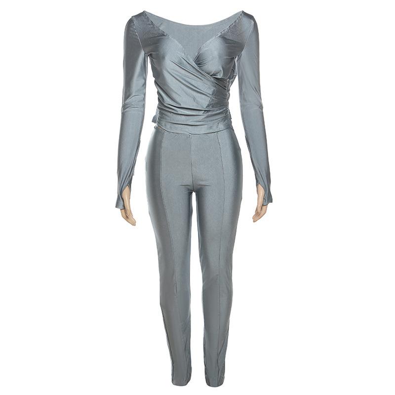 acelimosf™-Gloves solid v neck long sleeve ruched pant set