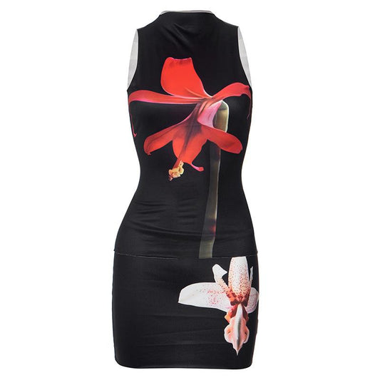 acelimosf™-High neck sleeveless flower print mini skirt set