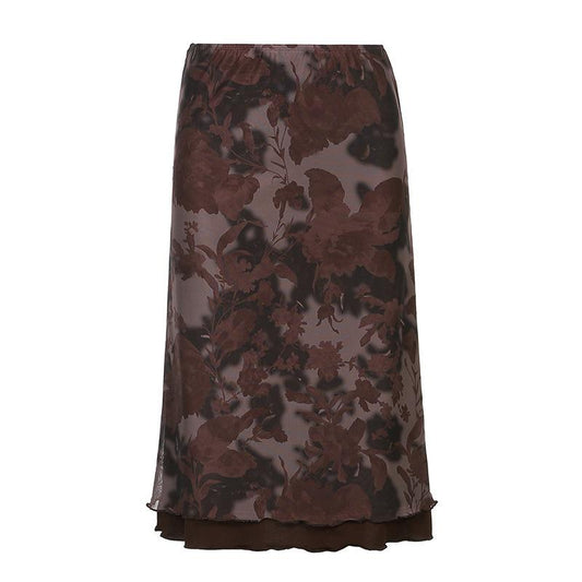 acelimosf™-Mesh flower pattern low rise contrast ruffle midi skirt grunge 90s Streetwear Disheveled Chic Fashion grunge 90s Streetwear Distressed Fashion