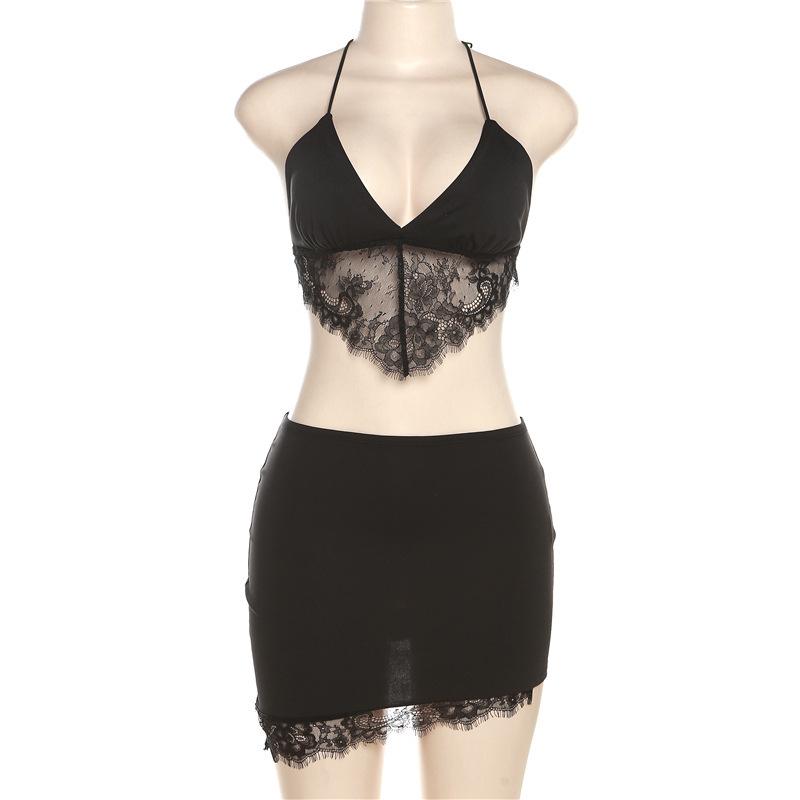 acelimosf™-Lace hem solid spaghetti strap v neck halter self tie backless mini skirt set