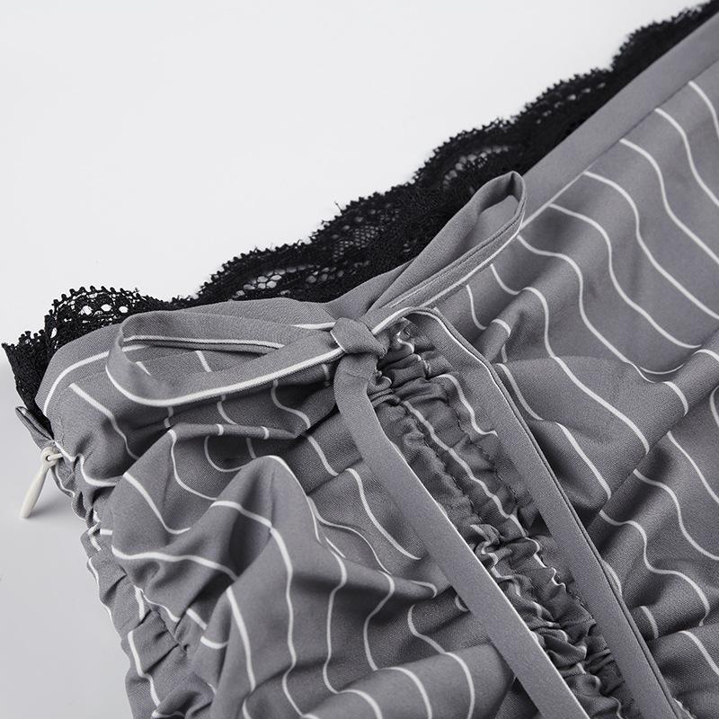 acelimosf™-Drawstring ruched lace hem striped mini skirt