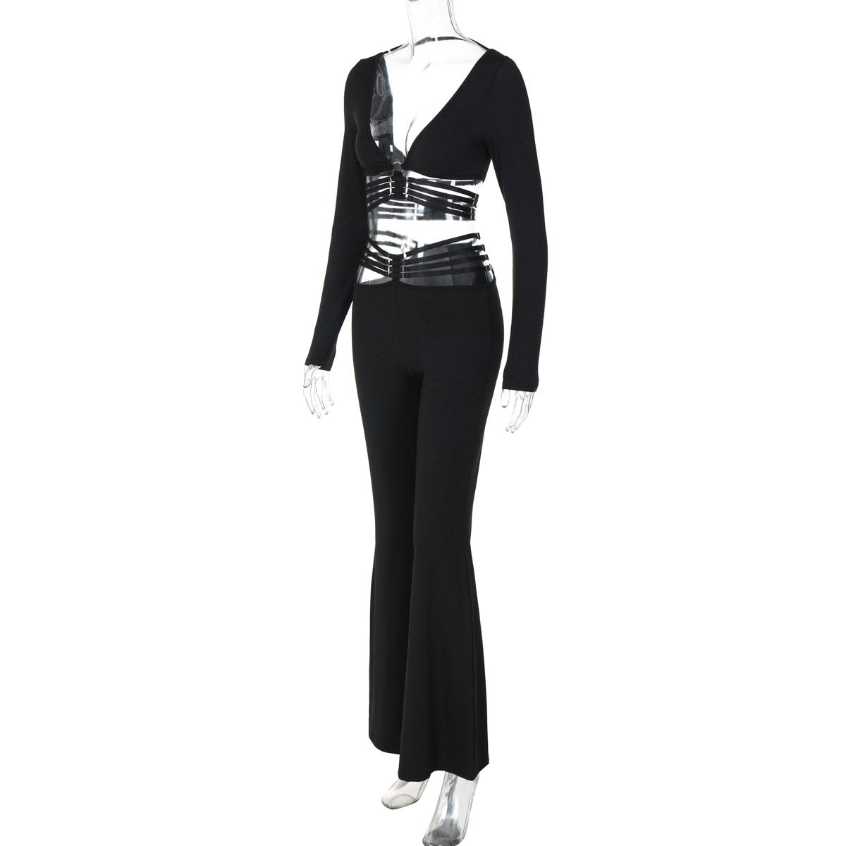 acelimosf™-Long sleeve o ring button wide leg low rise pant set