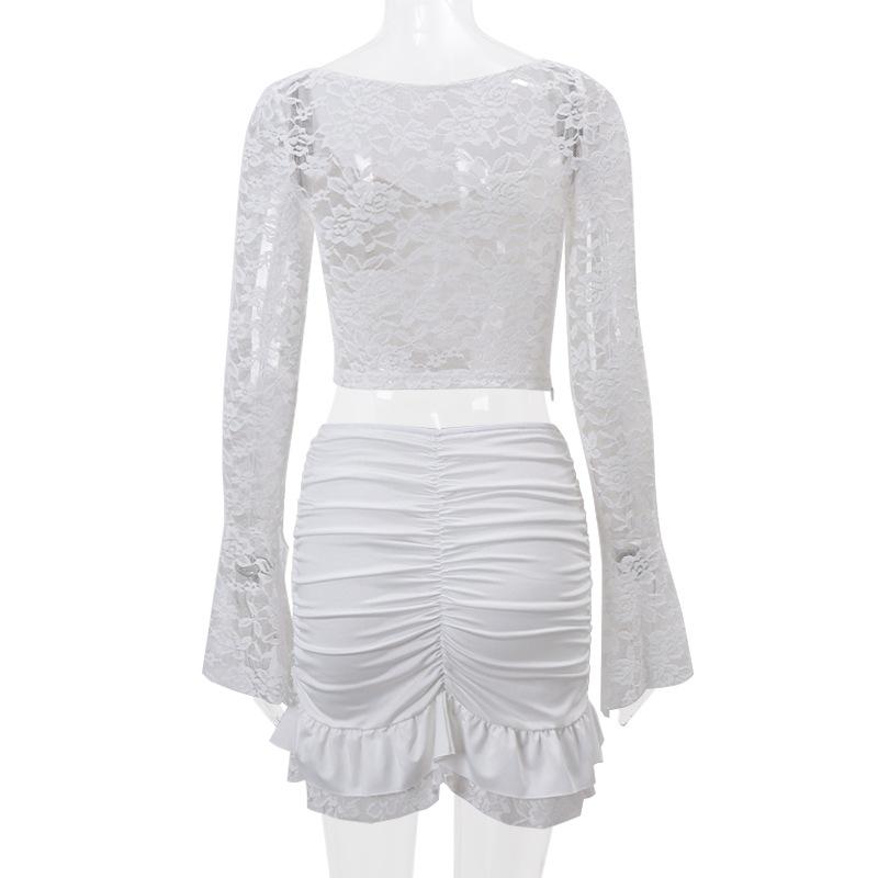 acelimosf™-Long flared sleeve sweetheart neck lace ruched ruffle mini skirt set