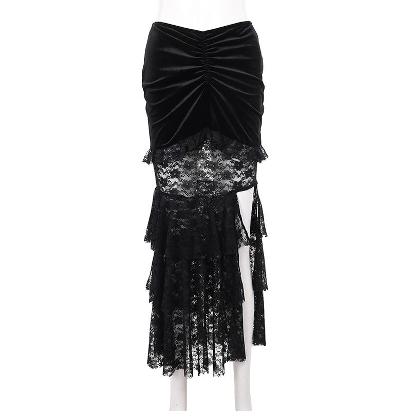 acelimosf™-Velvet lace ruched slit midi skirt