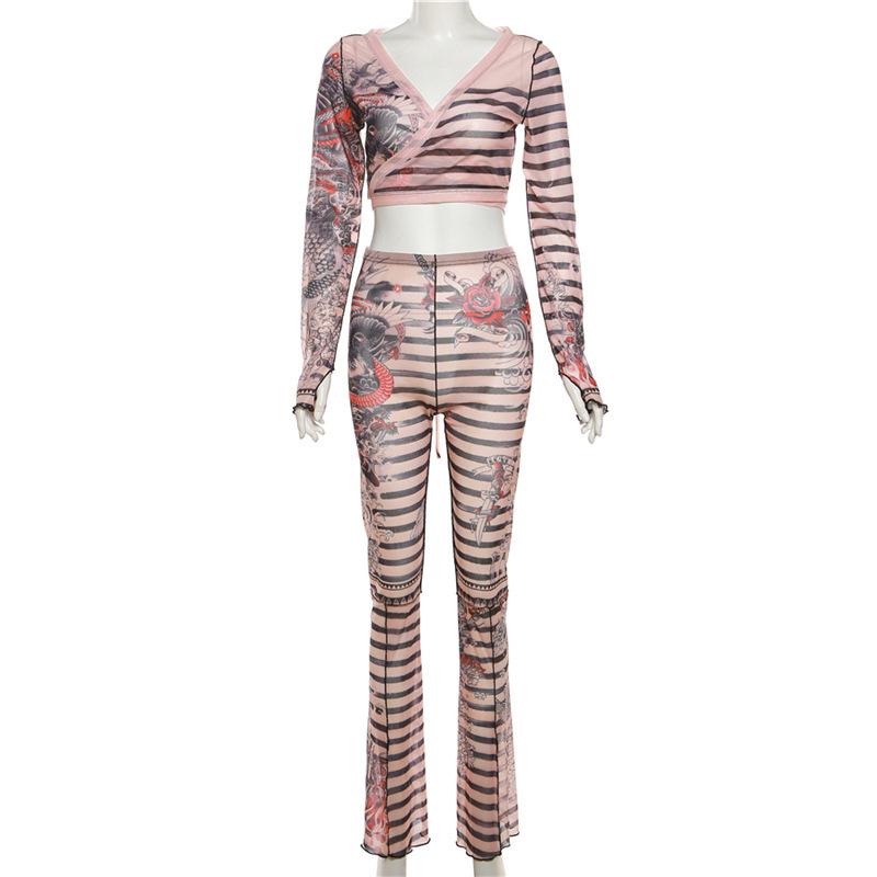 acelimosf™-Sheer mesh striped contrast long sleeve self tie pant set