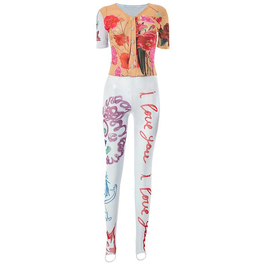 acelimosf™-Flower print button short sleeve sheer mesh see through pant set fairycore Ethereal Fashion