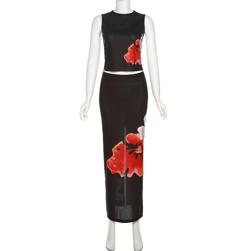 acelimosf™-Sheer mesh see through slit flower pattern contrast sleeveless midi skirt set