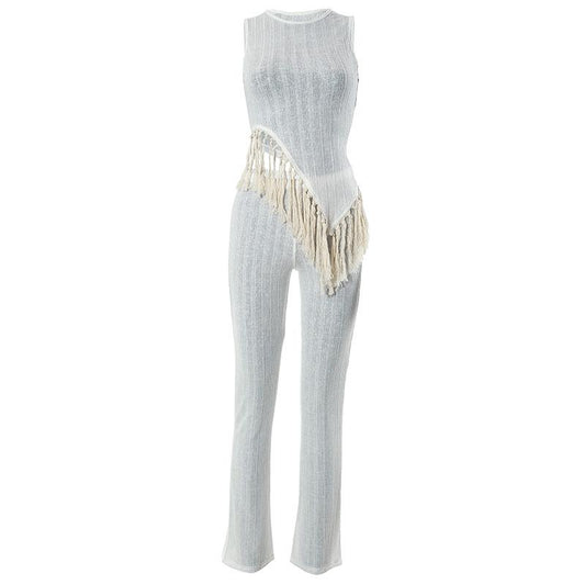 acelimosf™-Irregular sleeveless textured crewneck tassels solid pant set