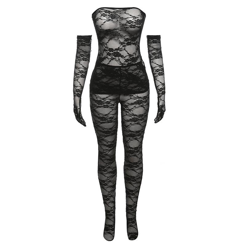 acelimosf™-Lace see through gloves solid backless tube pant set