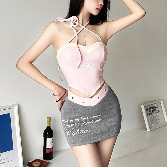 acelimosf™-Sweetheart neck contrast halter backless mini skirt set