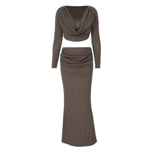 acelimosf™-Long sleeve cowl neck ribbed maxi skirt set