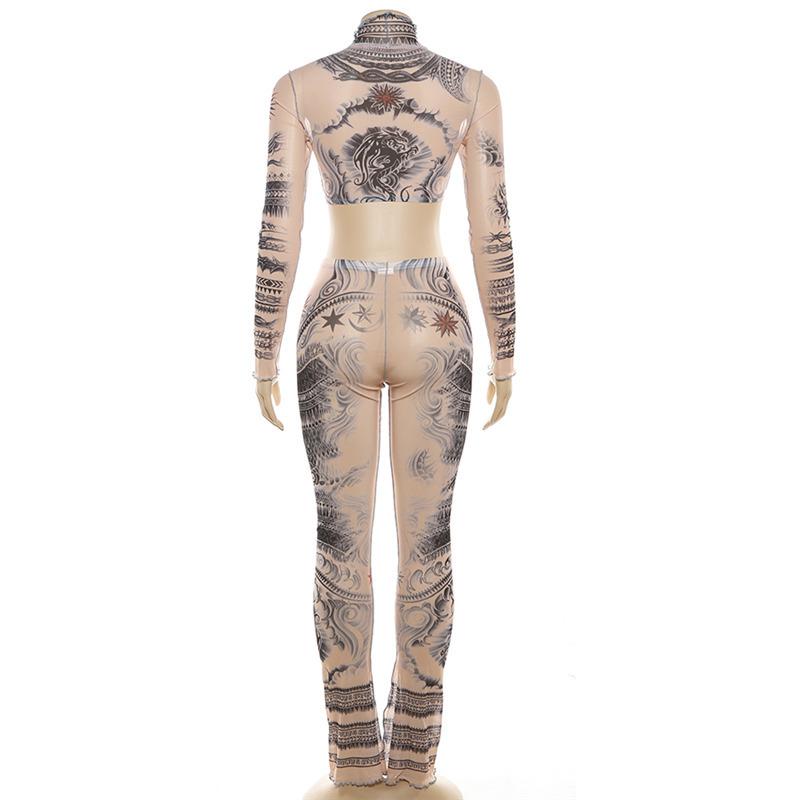 acelimosf™-Long sleeve print high neck ruffle crop sheer mesh pant set