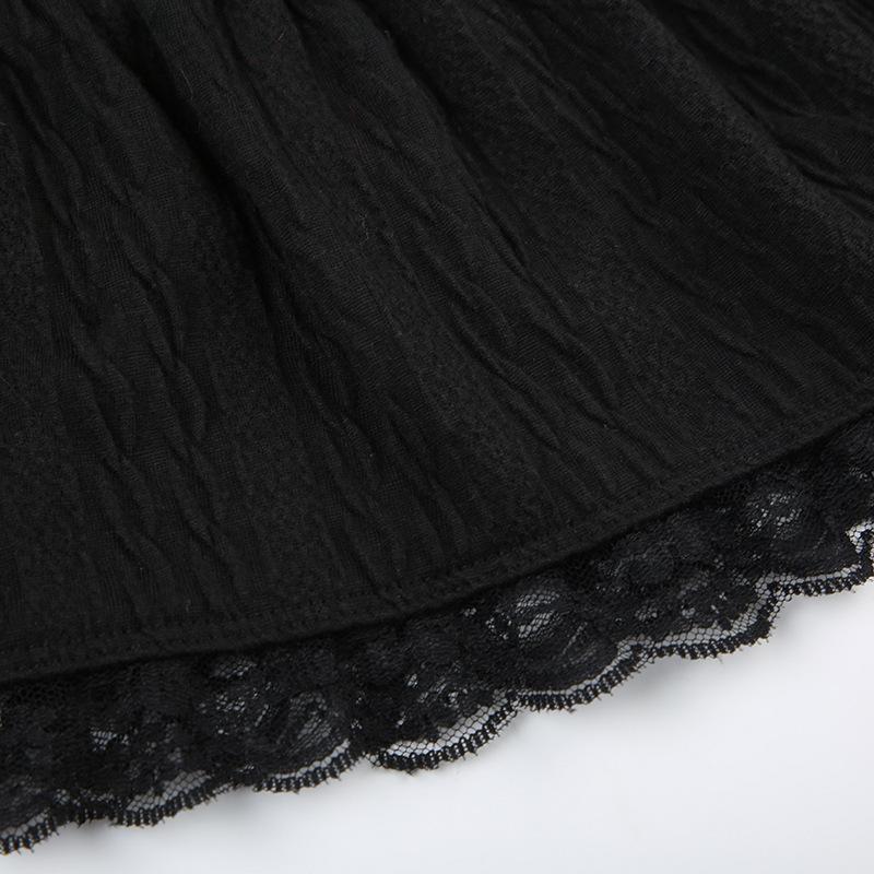 acelimosf™-Lace up ruched lace hem solid bowknot low rise mini skirt